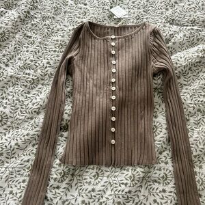 Free People Taupe Ribbed Button-Down Shirt